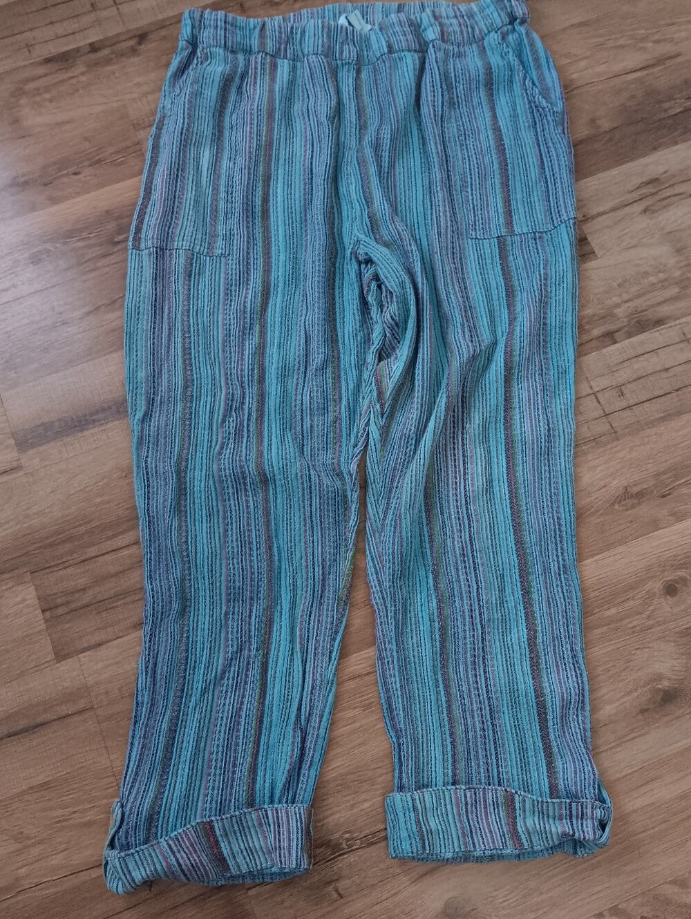 Sundance Bakari Ocean Striped Teal & Blue Cropped Pull-On Pants
